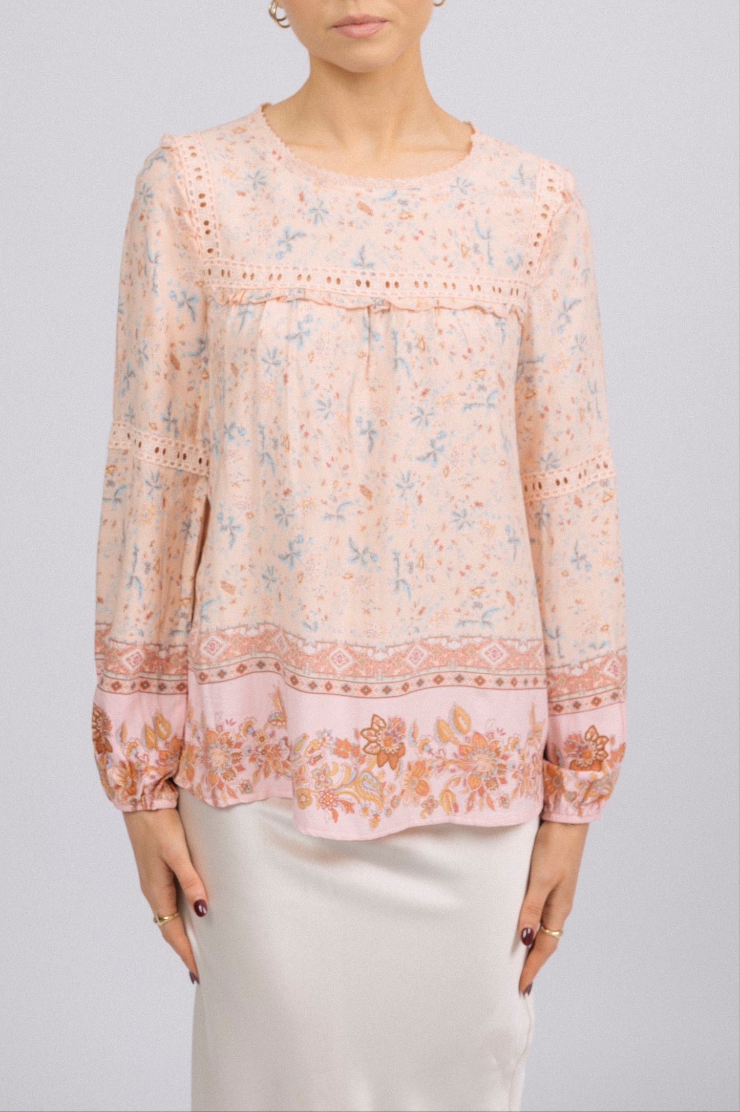 Preloved Baby Pink Floral Blouse by Miracle – Lace Trim & High Neck