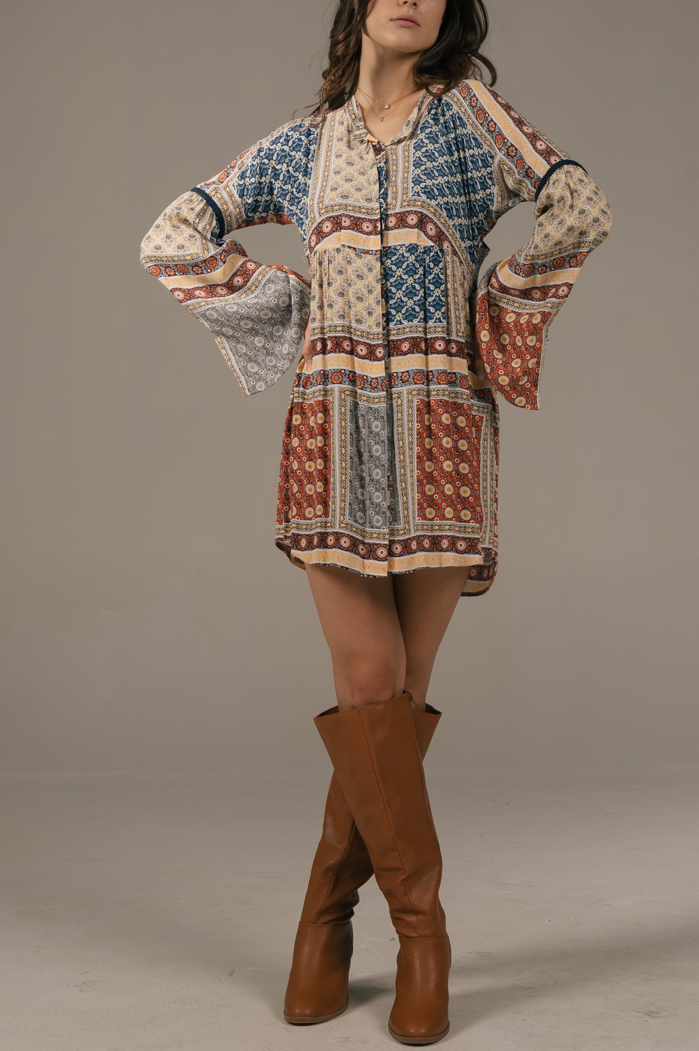 Tigerlily - Long Sleeved Mini Dress with Back Cut Outs (Multi Coloured)