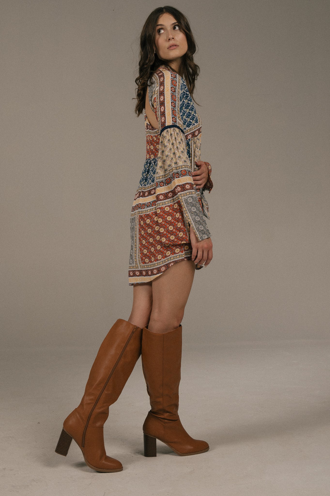 Tigerlily - Long Sleeved Mini Dress with Back Cut Outs (Multi Coloured)