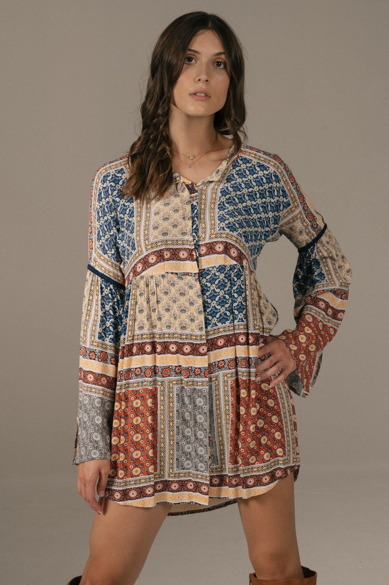 Tigerlily - Long Sleeved Mini Dress with Back Cut Outs (Multi Coloured)