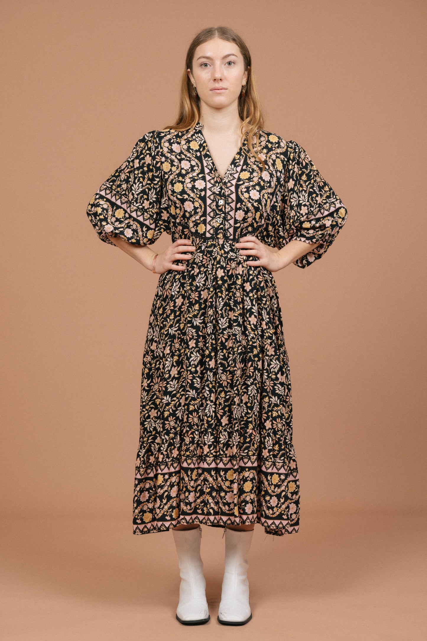Iris Maxi Floral Midi Dress (Black)