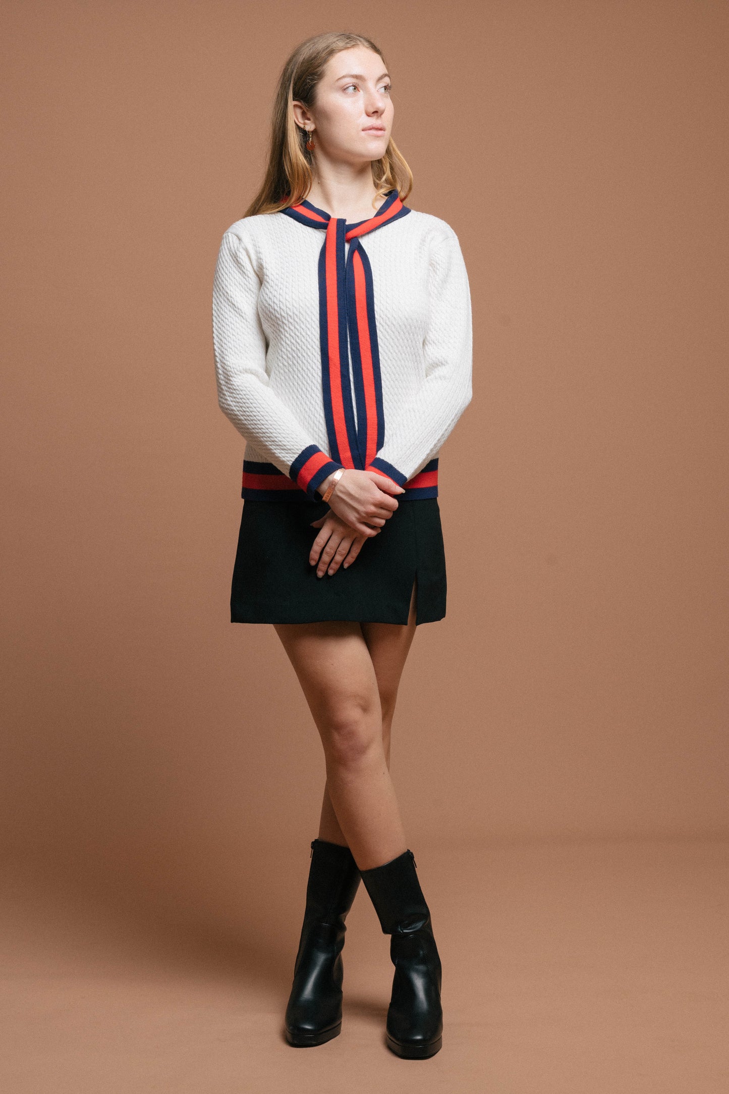 Vintage Knit with Neck Tie (White, Red/Navy)