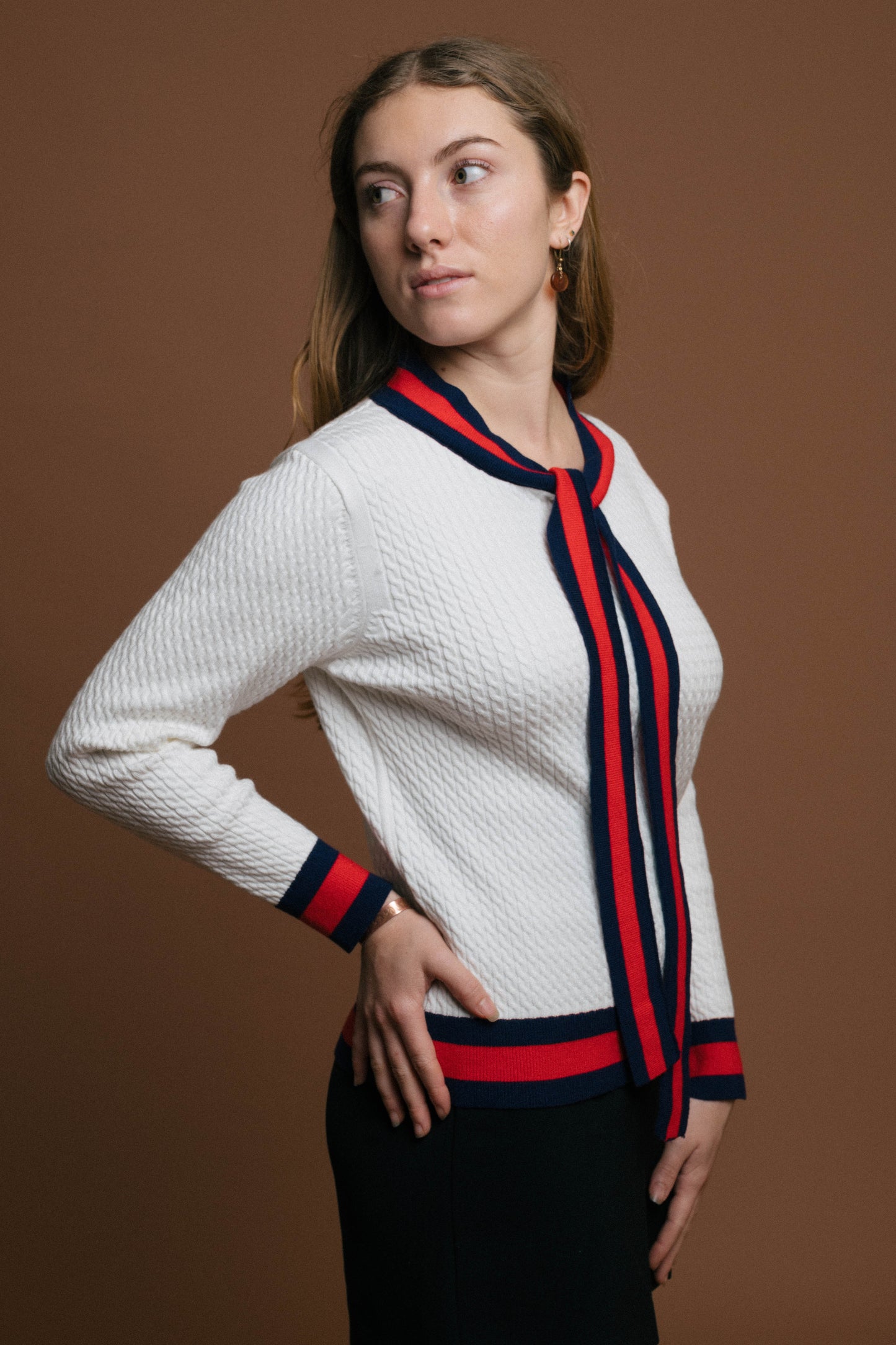 Vintage Knit with Neck Tie (White, Red/Navy)
