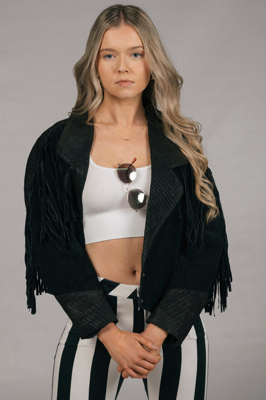 Vintage Fringe Bomber Style Black Suede Jacket