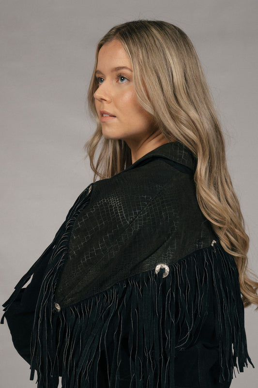 Vintage Fringe Bomber Style Black Suede Jacket
