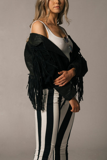 Vintage Fringe Bomber Style Black Suede Jacket