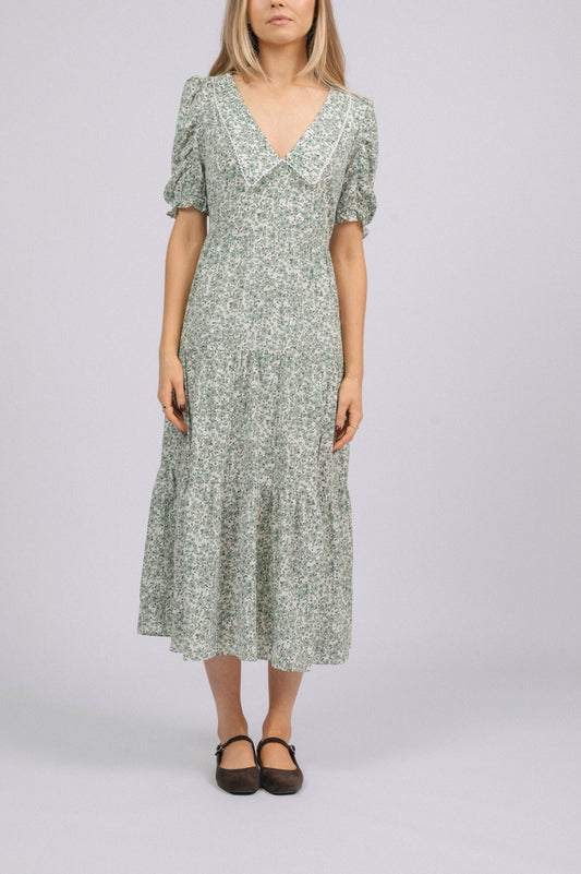 Preloved Dear Siouxsie Green Floral Tiered Midi Dress – Lace Trim & Soft Collar