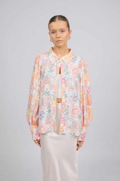 Preloved Yours Truly Floral Button-Up Shirt – White with Bold Florals