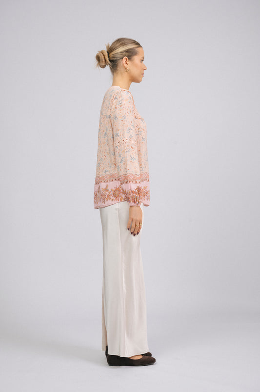 Preloved Baby Pink Floral Blouse by Miracle – Lace Trim & High Neck