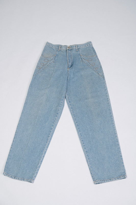 Vintage WestCo Light Denim Wash Straight Leg Jeans - Embroidered Detail