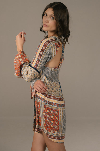 Tigerlily - Long Sleeved Mini Dress with Back Cut Outs (Multi Coloured)