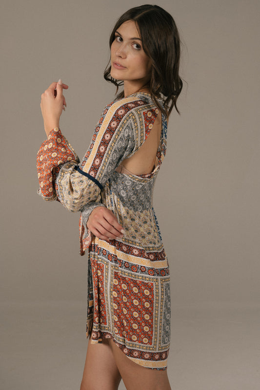 Tigerlily - Long Sleeved Mini Dress with Back Cut Outs (Multi Coloured)