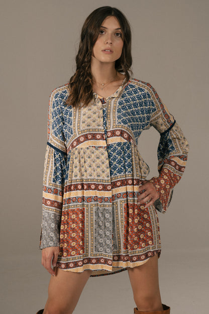 Tigerlily - Long Sleeved Mini Dress with Back Cut Outs (Multi Coloured)
