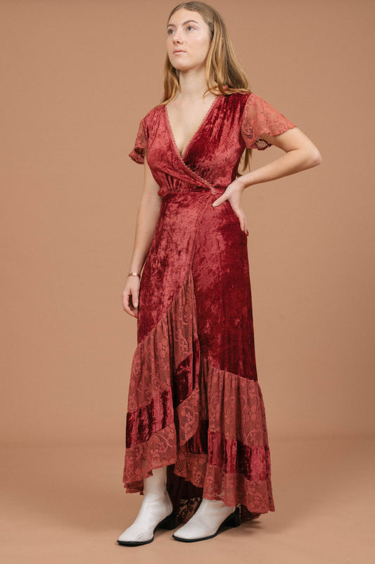 Tree of Life Velvet Wrap Dress (Rose Pink)