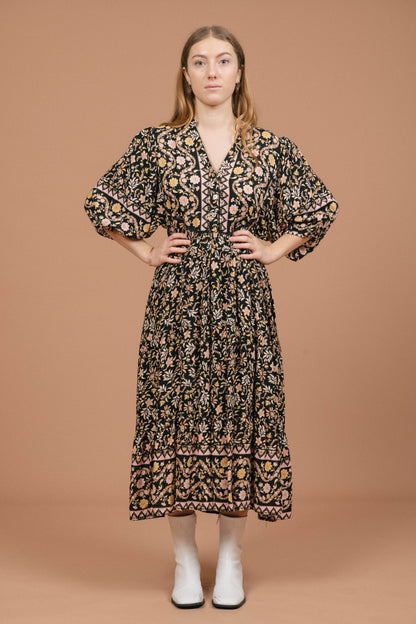 Iris Maxi Floral Midi Dress (Black)