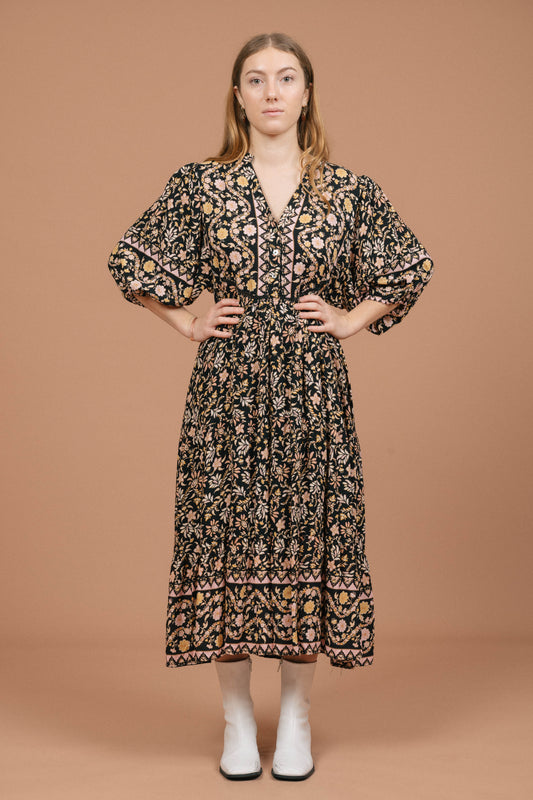 Iris Maxi Floral Midi Dress (Black)