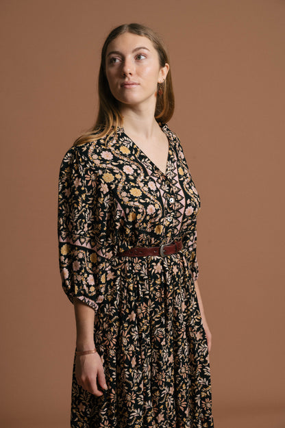 Iris Maxi Floral Midi Dress (Black)