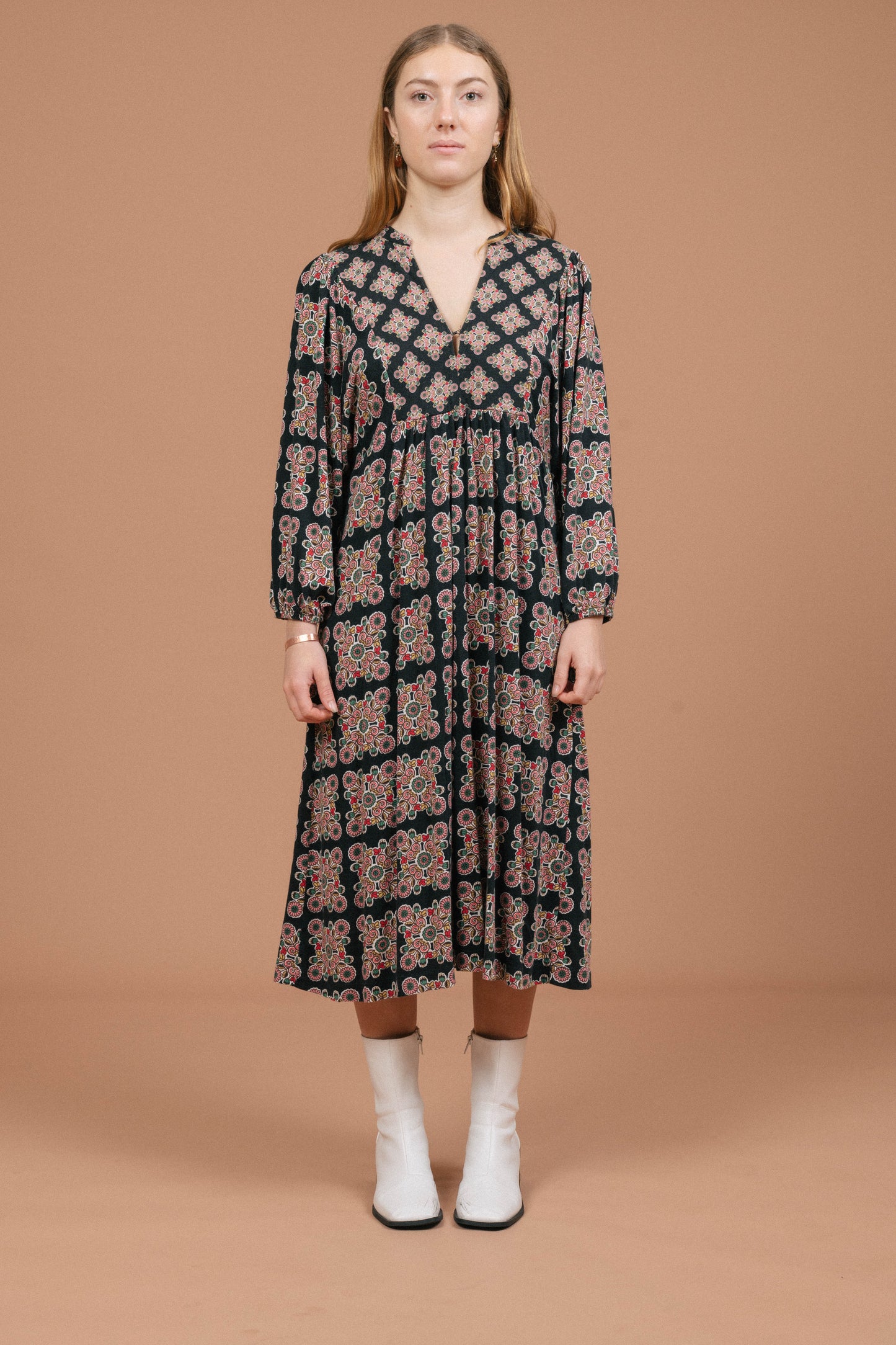 Boden Floral Long Sleeved Maxi Dress (Black)