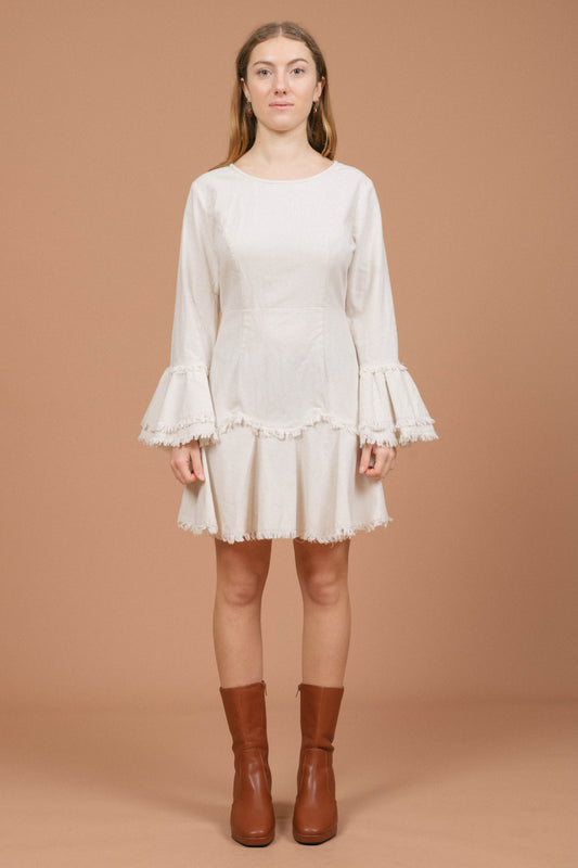 Rumor Linen Long Sleeved Mini Dress (Ivory/White)