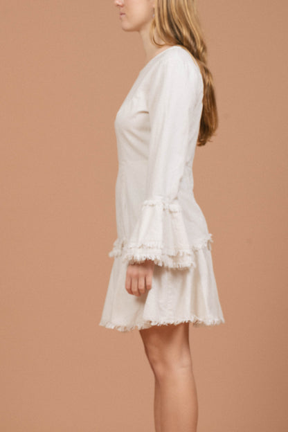 Rumor Linen Long Sleeved Mini Dress (Ivory/White)
