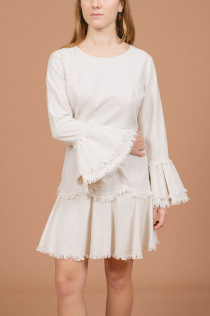 Rumor Linen Long Sleeved Mini Dress (Ivory/White)