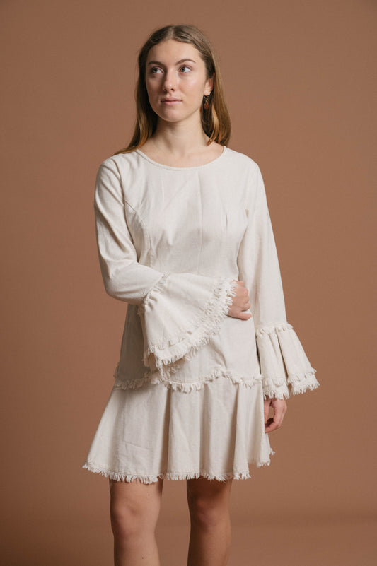 Rumor Linen Long Sleeved Mini Dress (Ivory/White)
