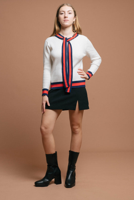 Vintage Knit with Neck Tie (White, Red/Navy)