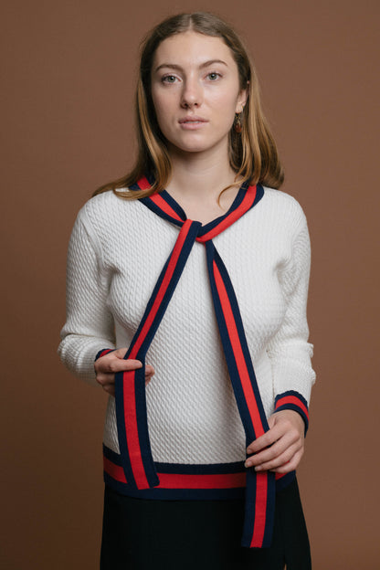 Vintage Knit with Neck Tie (White, Red/Navy)