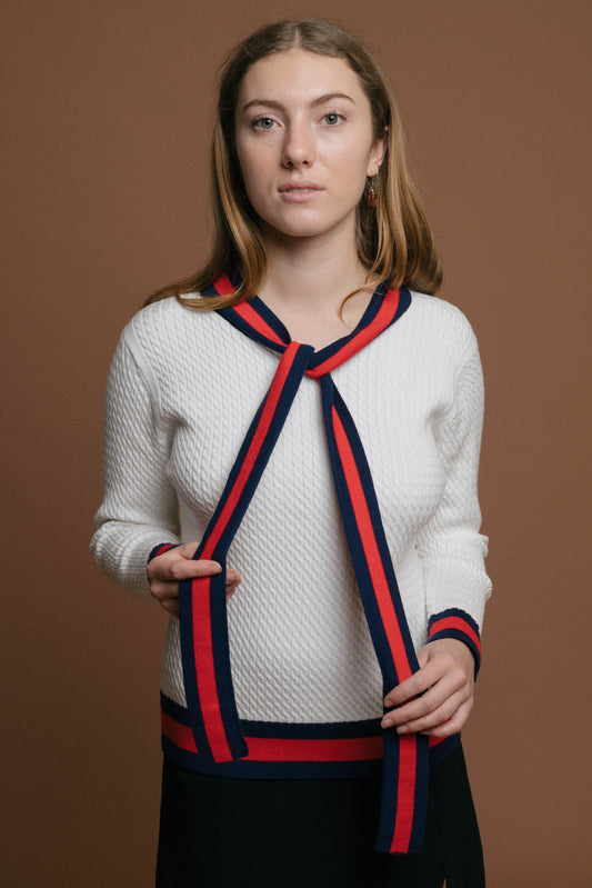 Vintage Knit with Neck Tie (White, Red/Navy)